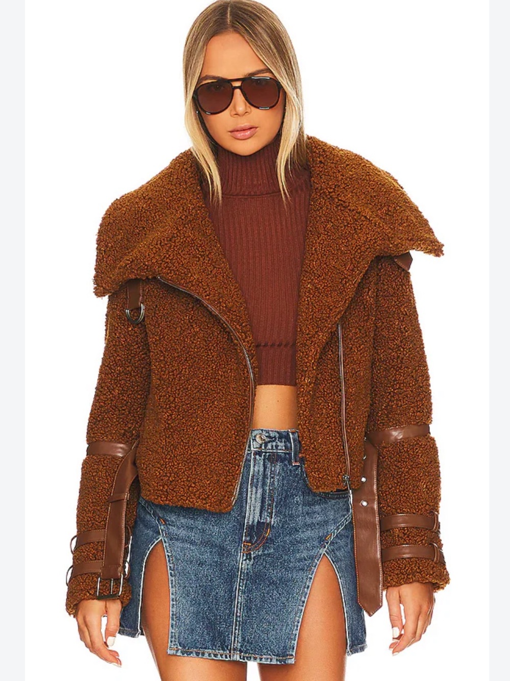 Tularosa Bailey Teddy Moto Jacket in Cappuccino Brown